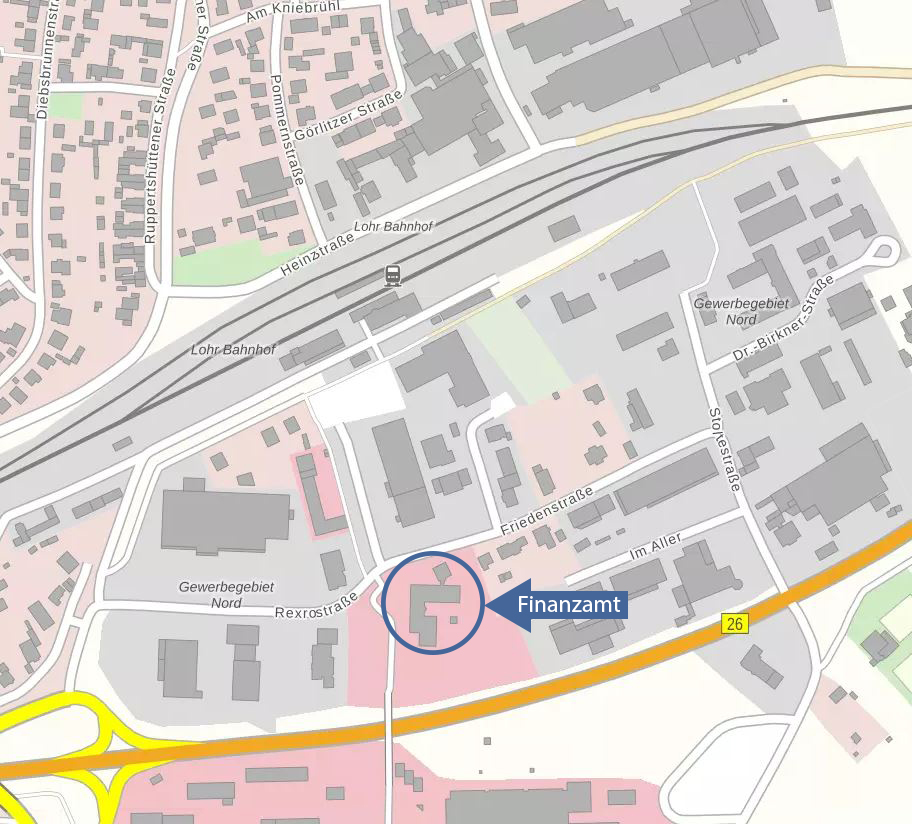  Stadtplan mit Markierung des Finanzamts Lohr, Rexrothstraße 14