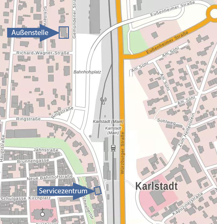 Stadtplan mit Markierung der Außenstelle, Gemündener Straße 3, und des Servicezentrums, Am Schnellertor 10
